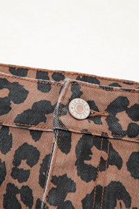 Brown Leopard Frayed-Bottom Denim Skirt with Slit