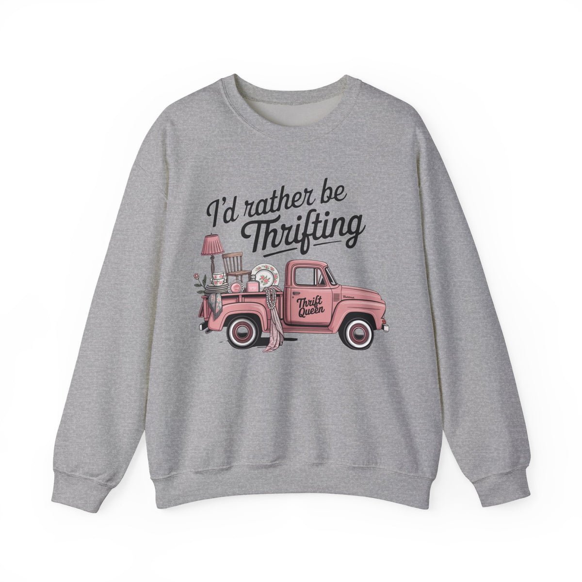 I'd Rather Be Thrifting. Pink Vintage Truck – Gildan Heavy Blend | Trendy Women’s Soft Sweatshirt. Direct to Garment. Printed & Shipped in the USA. Unisex Sizes.