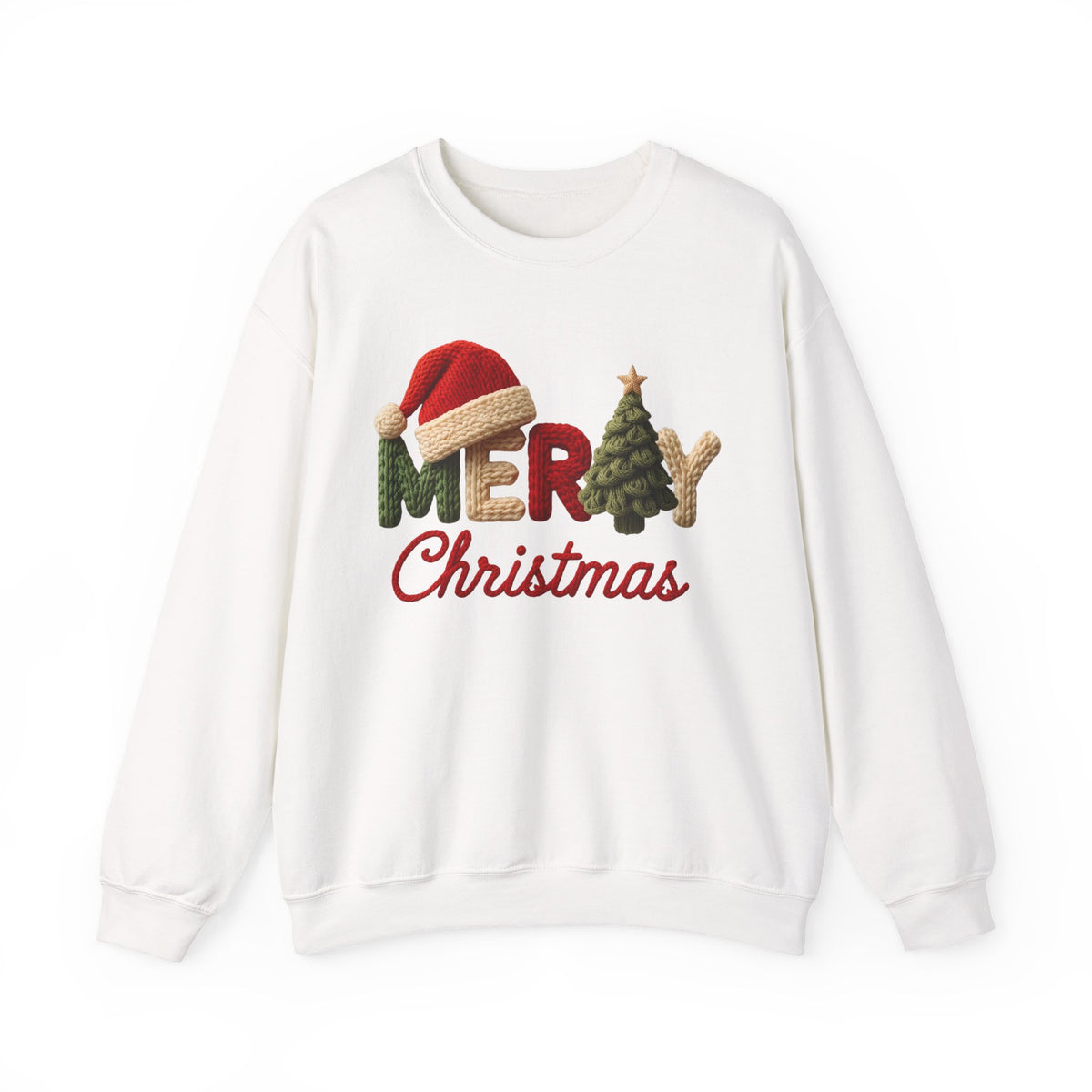 Merry Christmas Faux Yarn w/Santa Hat & Tree – Gildan Heavy Blend | Trendy Women’s Soft Sweatshirt. Direct to Garment. Printed & Shipped in the USA. Unisex Sizes.