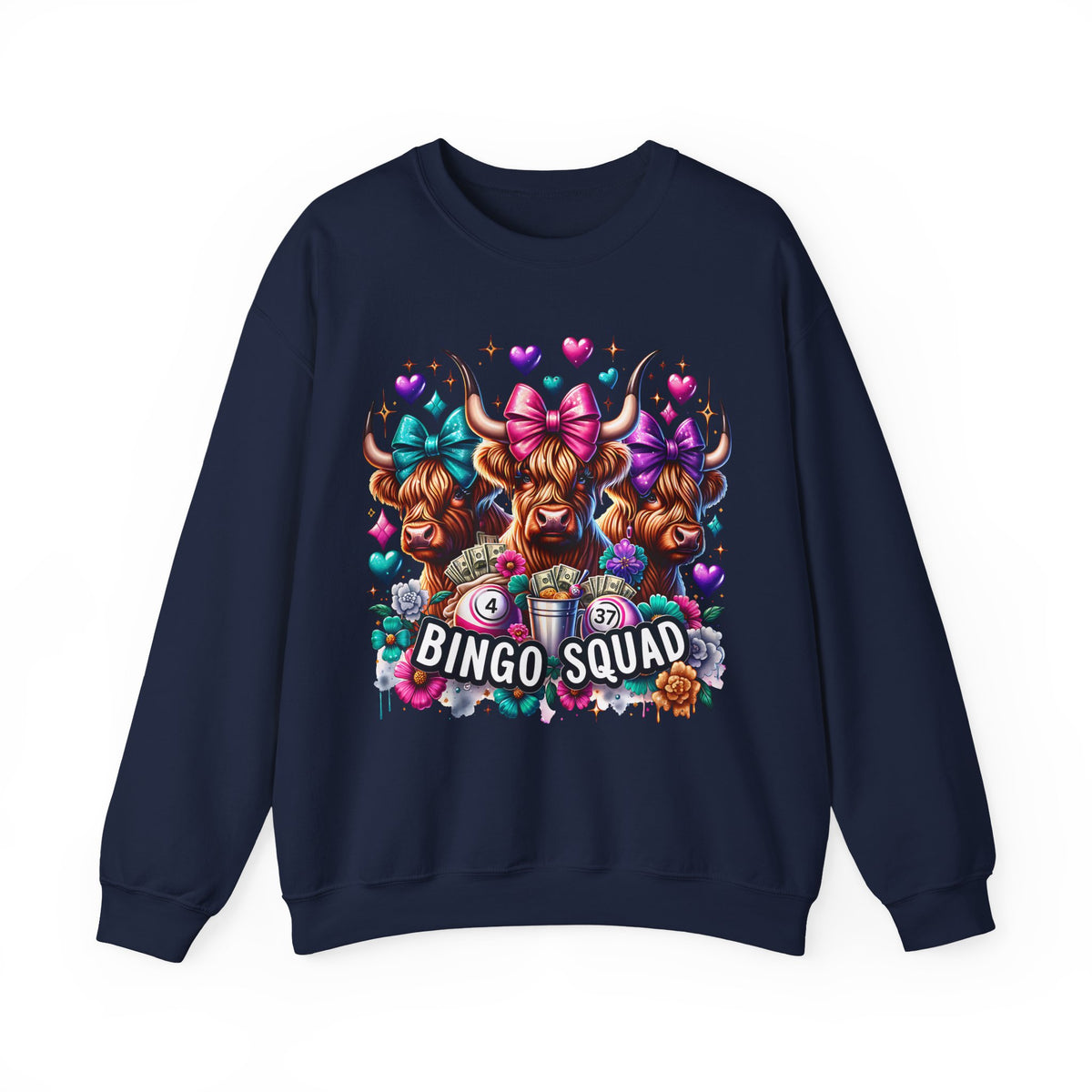 Cute Highland Cows Bingo Squad – Gildan Heavy Blend | Trendy Women’s Soft Sweatshirt. Direct to Garment. Printed & Shipped in the USA. Unisex Sizes.
