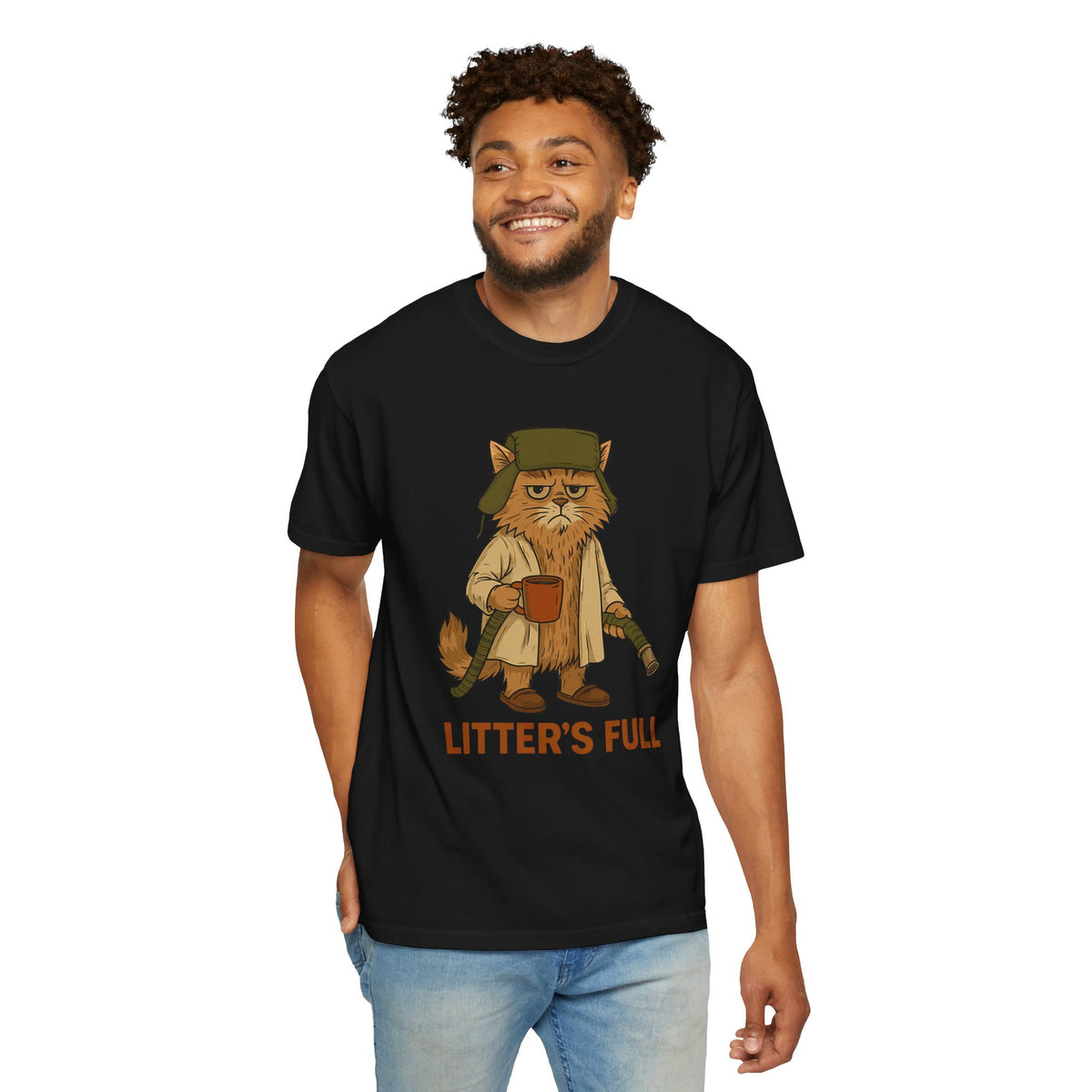 Litter's Full, Funny Cat - Comfort Colors | Trendy Men's and Women's T-Shirt. Direct to Garment. Printed & Shipped in the USA. Unisex Sizes.