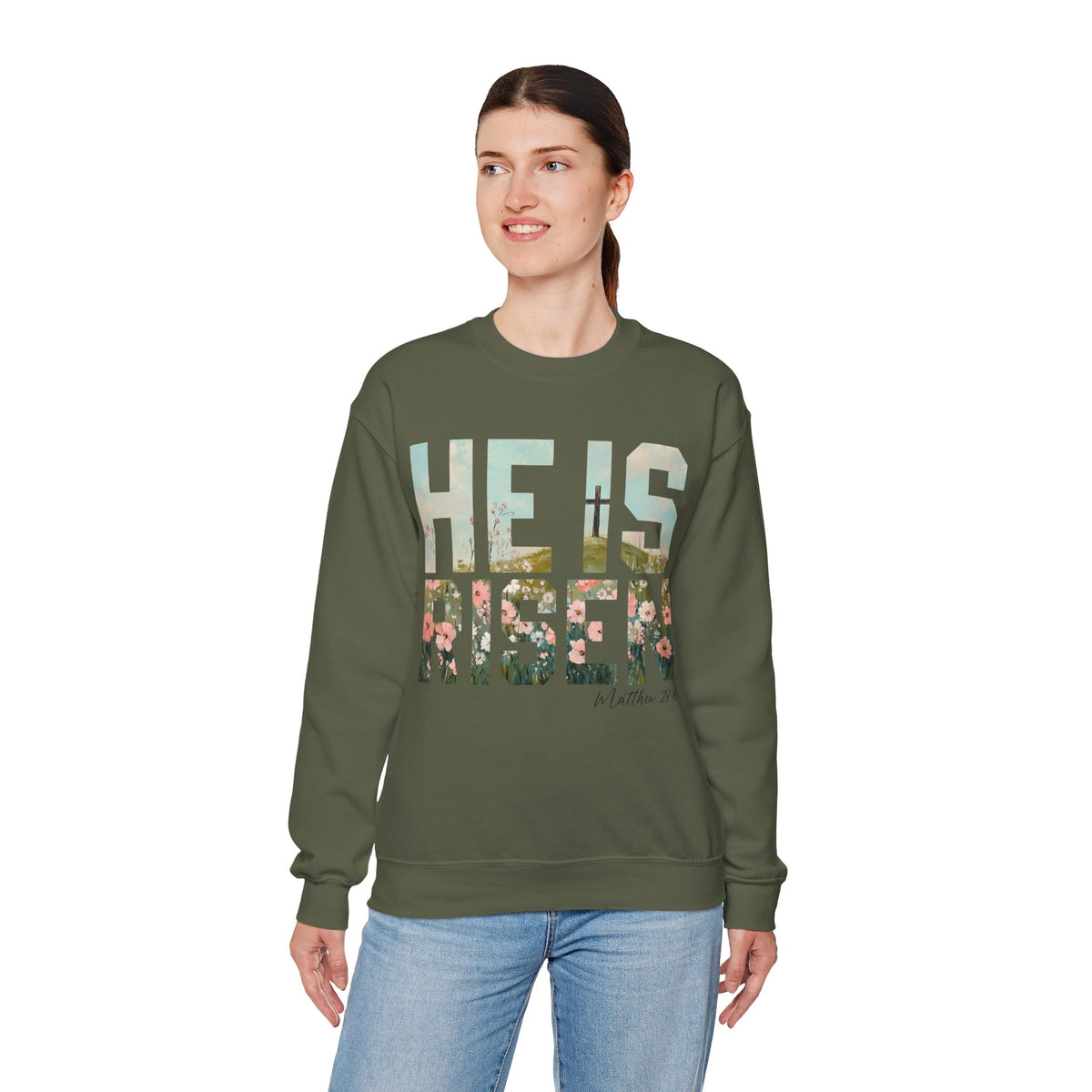 He Is Risen, Christian Floral Easter – Gildan Heavy Blend | Trendy Women’s Soft Sweatshirt. Direct to Garment. Printed & Shipped in the USA. Unisex Sizes.