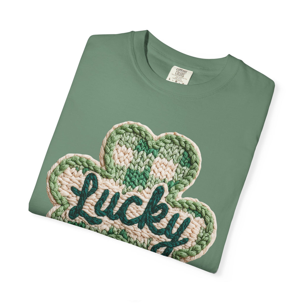 Lucky Shamrock Faux Knit - Comfort Colors | Trendy Men's and Women's T-Shirt. Direct to Garment. Printed & Shipped in the USA. Unisex Sizes.