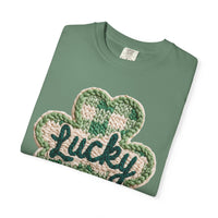 Lucky Shamrock Faux Knit - Comfort Colors | Trendy Men's and Women's T-Shirt. Direct to Garment. Printed & Shipped in the USA. Unisex Sizes.