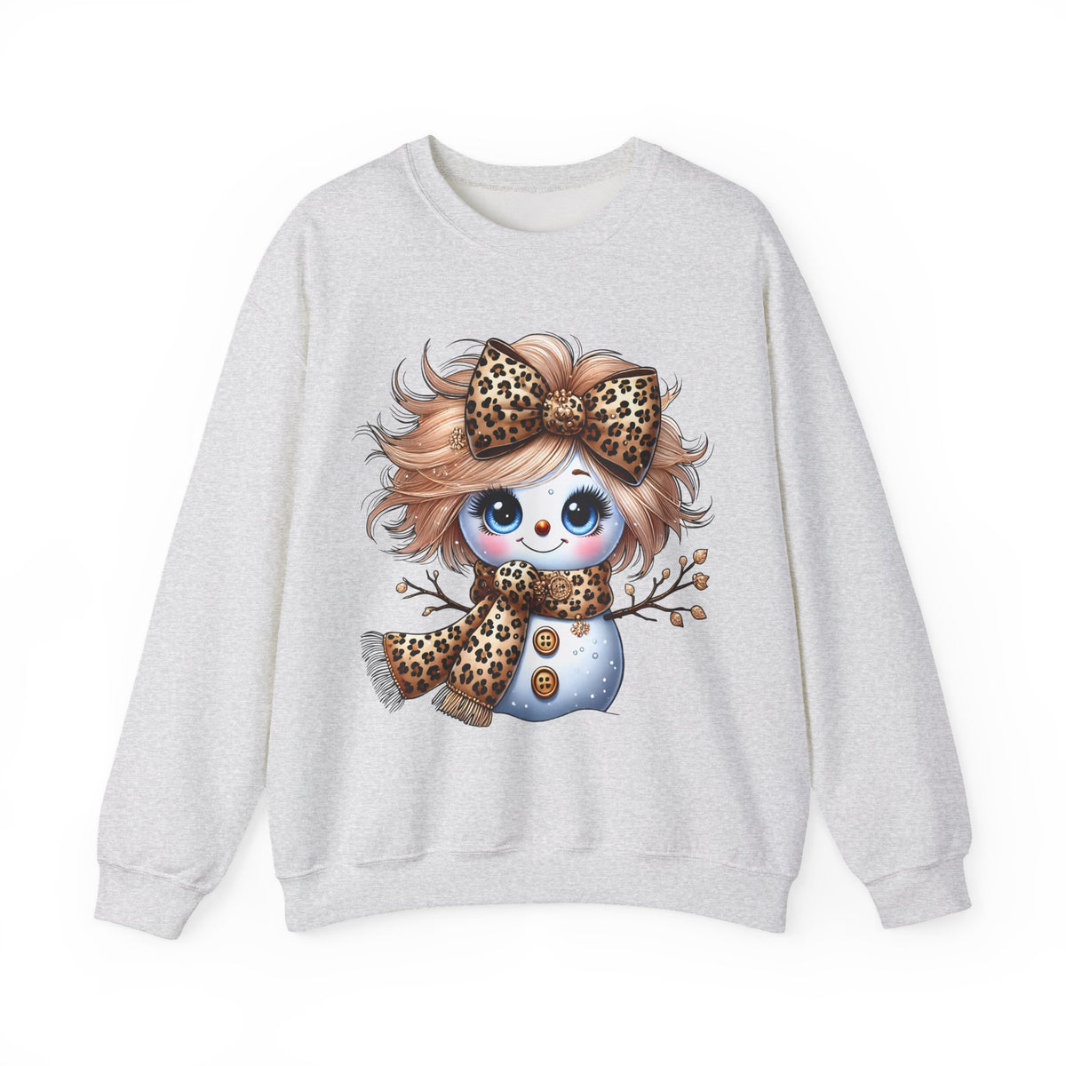 Snowgirl Cute Leopard Bow Snowman, Winter Cozy – Gildan Heavy Blend | Trendy Women’s Soft Sweatshirt. Direct to Garment. Printed & Shipped in the USA. Unisex Sizes.