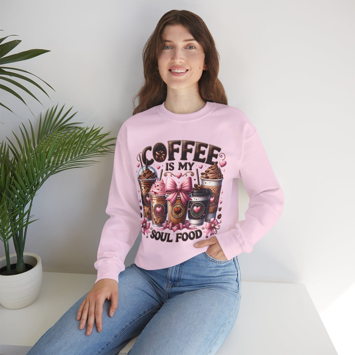 Coffee Is My Soul Food, Iced Coffee, Pink Bow – Gildan Heavy Blend | Trendy Women’s Soft Sweatshirt. Direct to Garment. Printed & Shipped in the USA. Unisex Sizes.