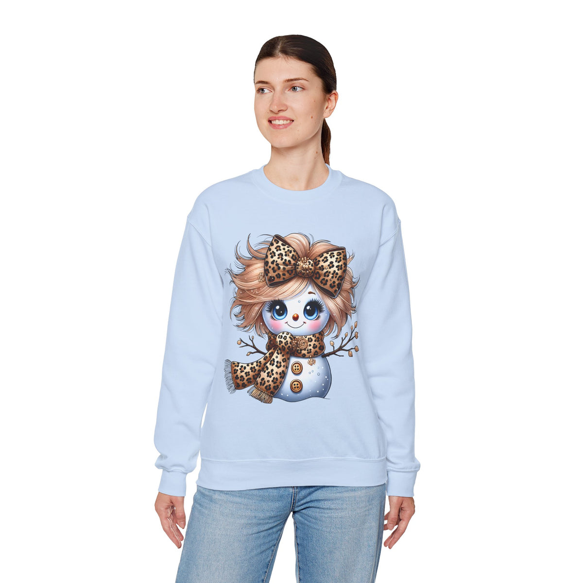 Snowgirl Cute Leopard Bow Snowman, Winter Cozy – Gildan Heavy Blend | Trendy Women’s Soft Sweatshirt. Direct to Garment. Printed & Shipped in the USA. Unisex Sizes.