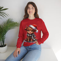 Cute Highland Cow Santa Hat Scarf Christmas Lights – Gildan Heavy Blend | Trendy Women’s Soft Sweatshirt. Direct to Garment. Printed & Shipped in the USA. Unisex Sizes.