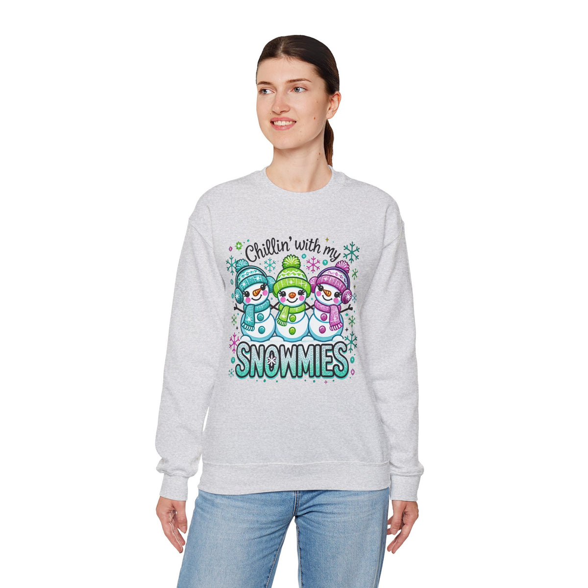 Chillin' With My Snowmies, Winter Snowman – Gildan Heavy Blend | Trendy Women’s Soft Sweatshirt. Direct to Garment. Printed & Shipped in the USA. Unisex Sizes.