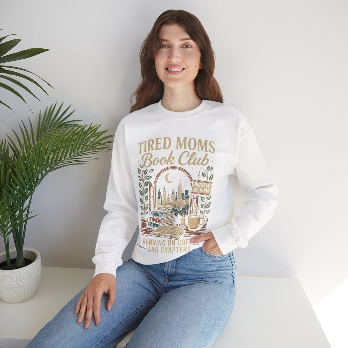 Tired Moms Book Club Running on Coffee and Chapters – Gildan Heavy Blend | Trendy Women’s Soft Sweatshirt. Direct to Garment. Printed & Shipped in the USA. Unisex Sizes.