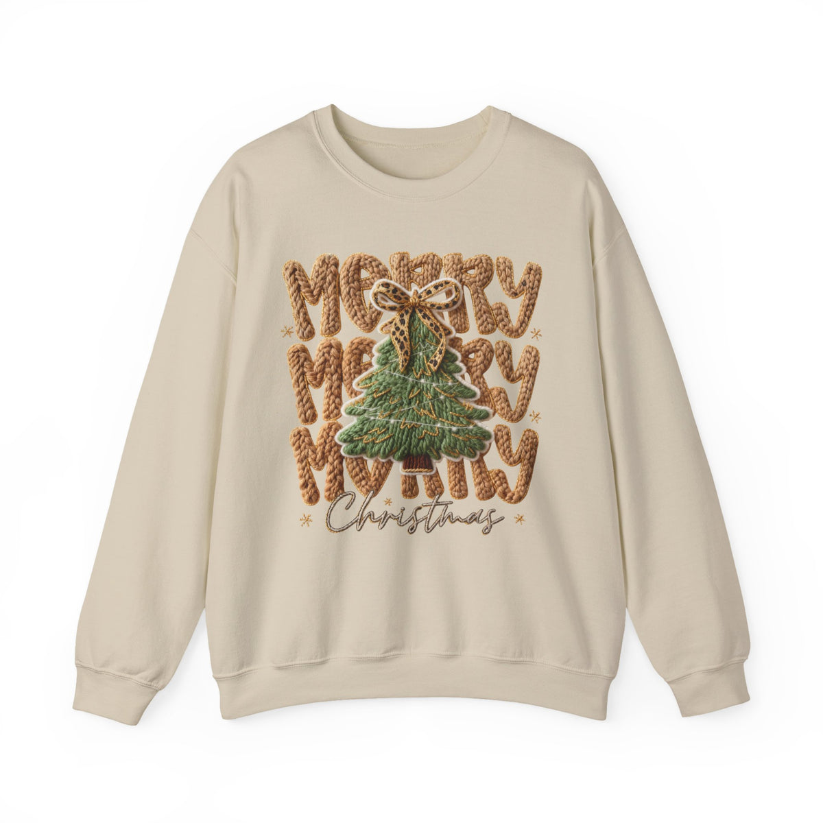 Merry Merry Merry Christmas, Faux Latch Hook Yarn – Gildan Heavy Blend | Trendy Women’s Soft Sweatshirt. Direct to Garment. Printed & Shipped in the USA. Unisex Sizes.