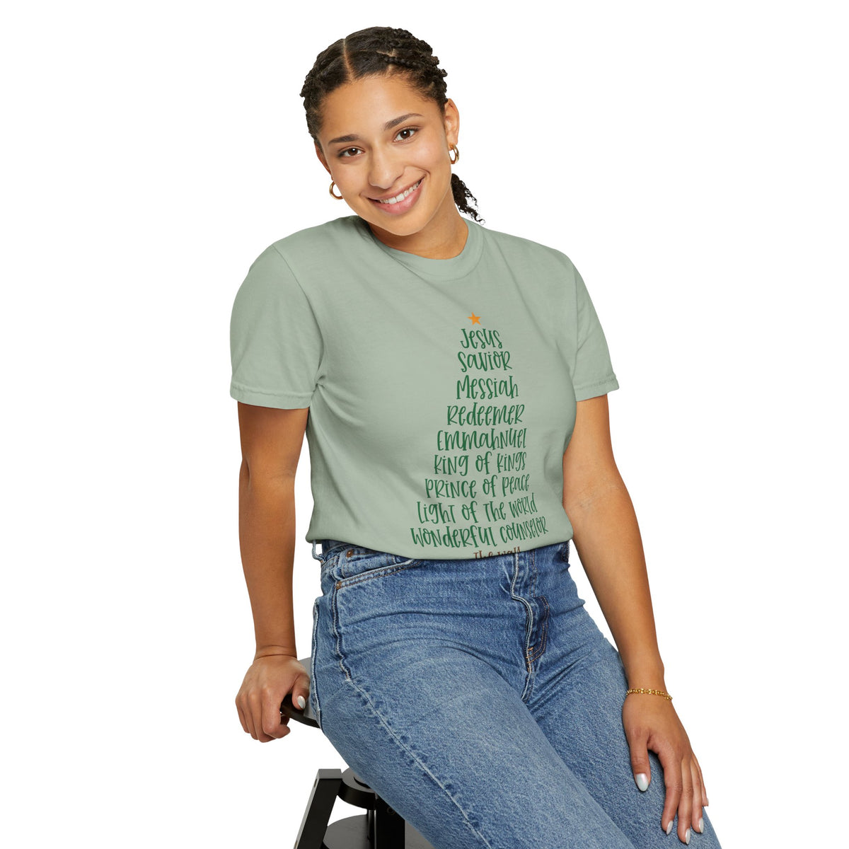 Jesus Name Christmas Tree - Comfort Colors | Trendy Women's T-Shirt. Direct to Garment. Printed & Shipped in the USA. Unisex Sizes.