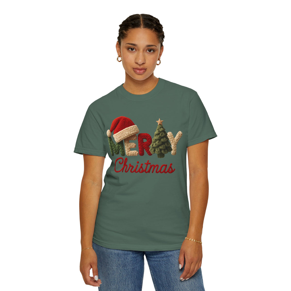 Merry Christmas Faux Yarn w/Santa Hat & Tree - Comfort Colors | Trendy Women's T-Shirt. Direct to Garment. Printed & Shipped in the USA. Unisex Sizes.
