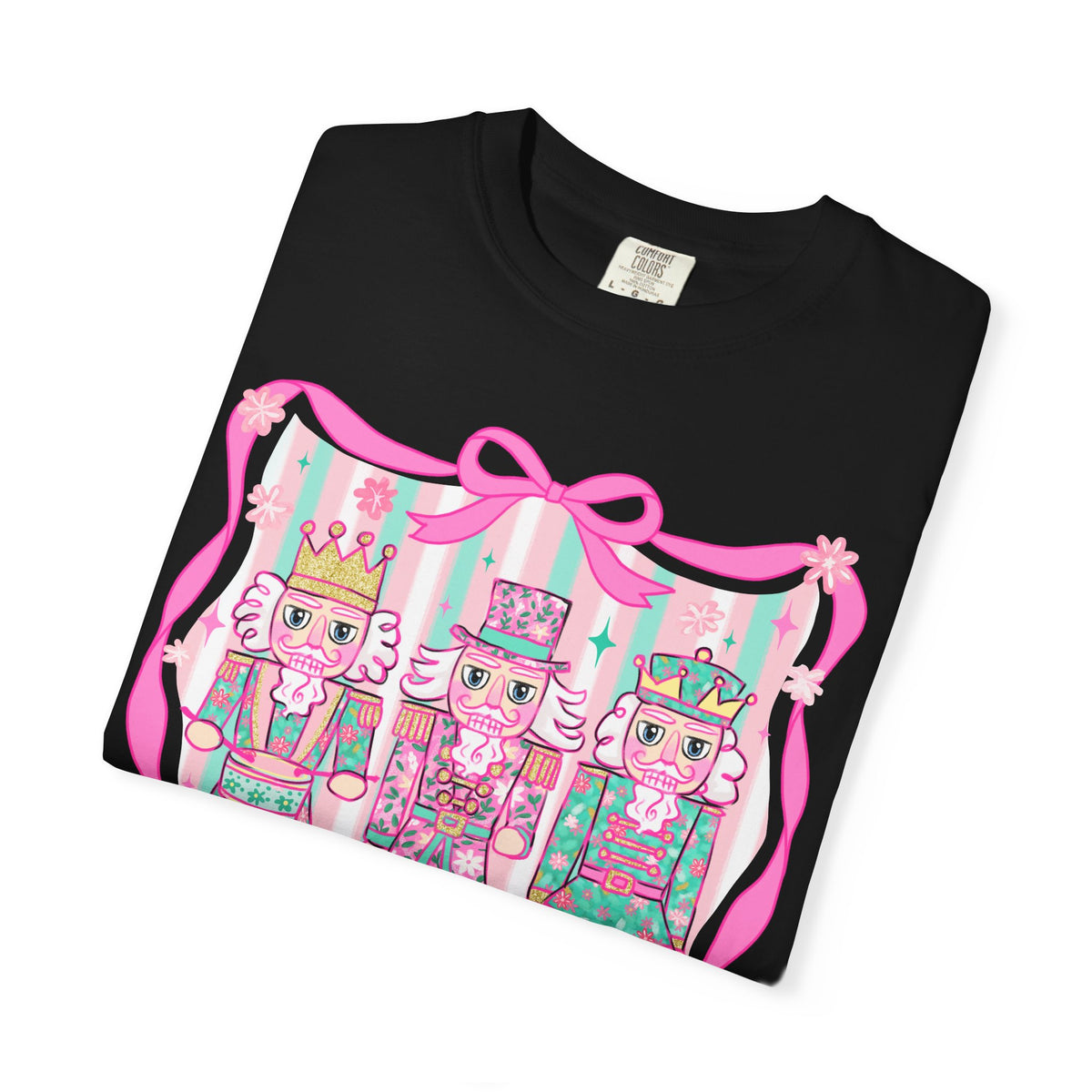 Coquette Pastel Christmas Nutcracker Trio Pink and Green - Comfort Colors | Trendy Women's T-Shirt. Direct to Garment. Printed & Shipped in the USA. Unisex Sizes.