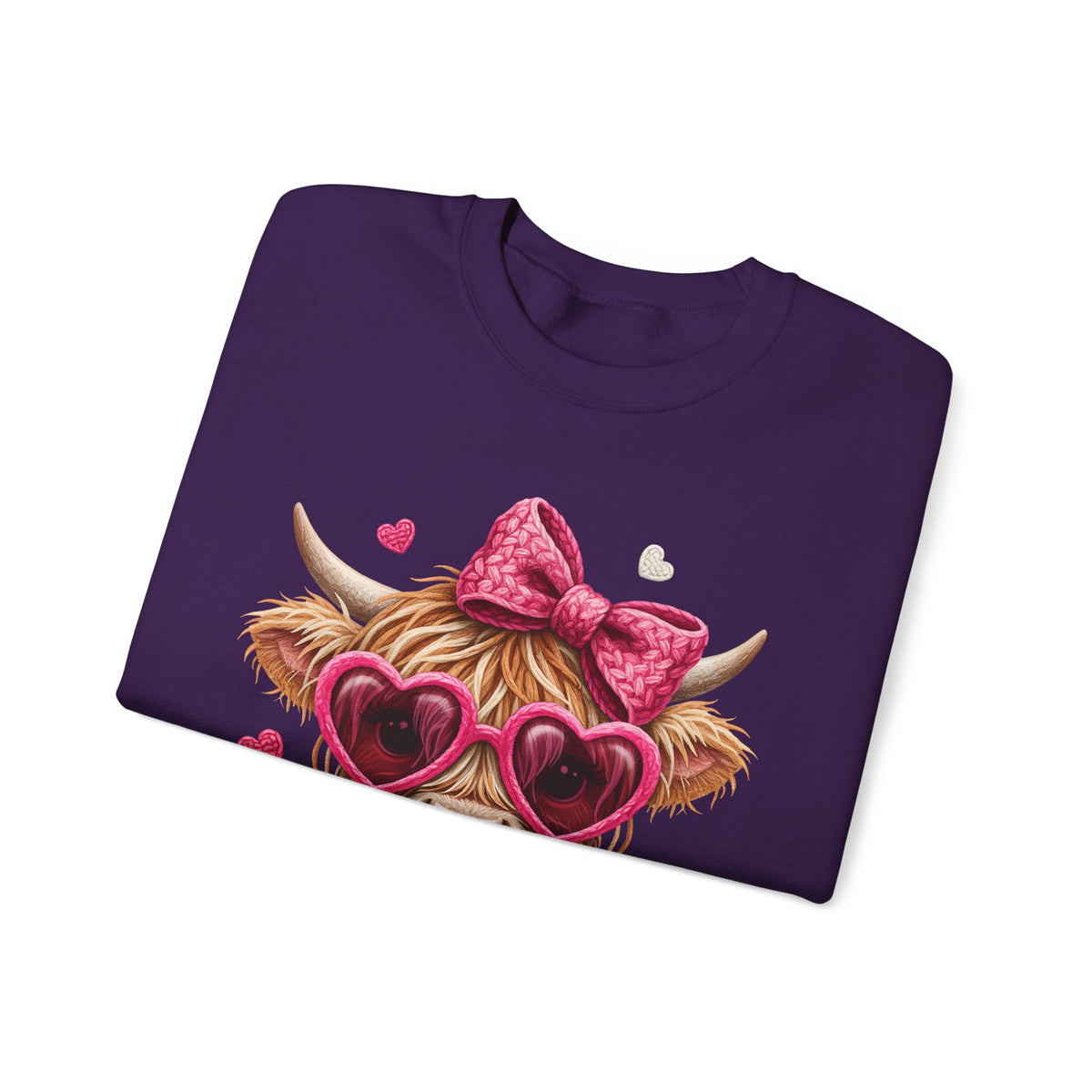 Highland Cow - Pink Heart Shaped Glasses – Gildan Heavy Blend | Trendy Women’s Soft Sweatshirt. Direct to Garment. Printed & Shipped in the USA. Unisex Sizes.