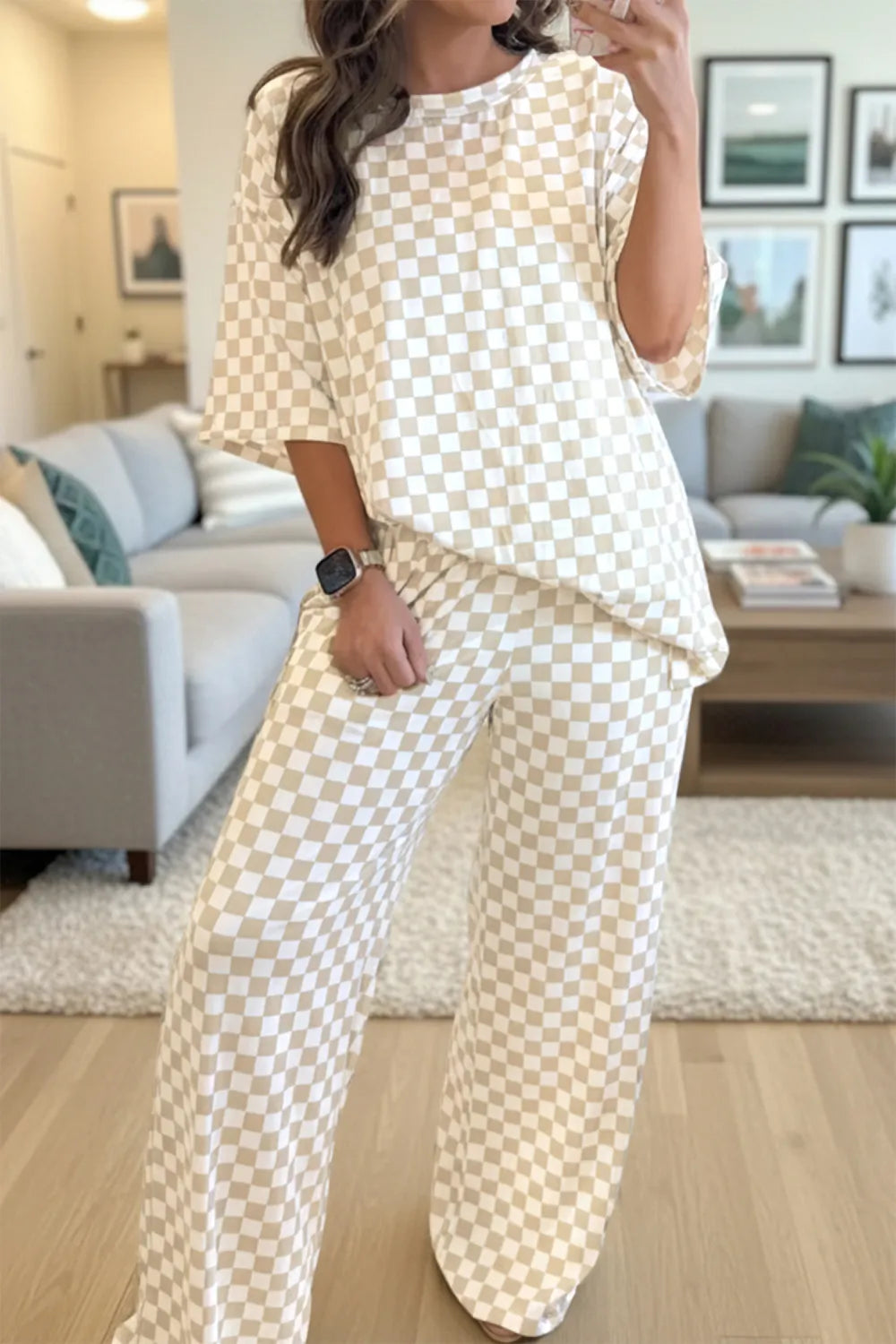 Khaki & White 2pc Checkered Print Half Sleeve Loungewear with Pockets