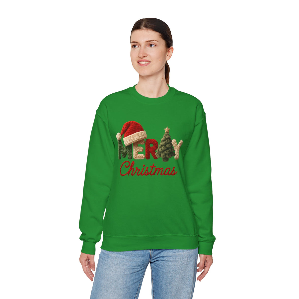 Merry Christmas Faux Yarn w/Santa Hat & Tree – Gildan Heavy Blend | Trendy Women’s Soft Sweatshirt. Direct to Garment. Printed & Shipped in the USA. Unisex Sizes.