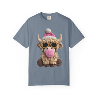 Faux Crochet Highland Cow Bubblegum - Comfort Colors | Trendy Women's T-Shirt. Direct to Garment. Printed & Shipped in the USA. Unisex Sizes.