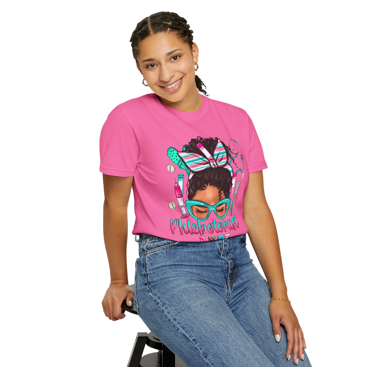 Phlebotomist Life, Messy Bun - Comfort Colors | Trendy Women's T-Shirt. Direct to Garment. Printed & Shipped in the USA. Unisex Sizes.