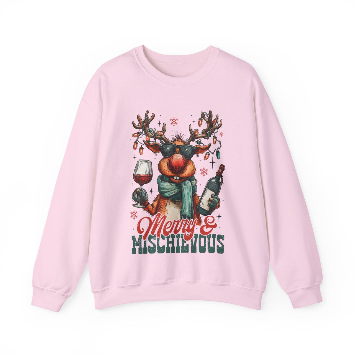 Merry & Mischievous Reindeer – Gildan Heavy Blend | Trendy Women’s and Men's Soft Sweatshirt. Direct to Garment. Printed & Shipped in the USA. Unisex Sizes.