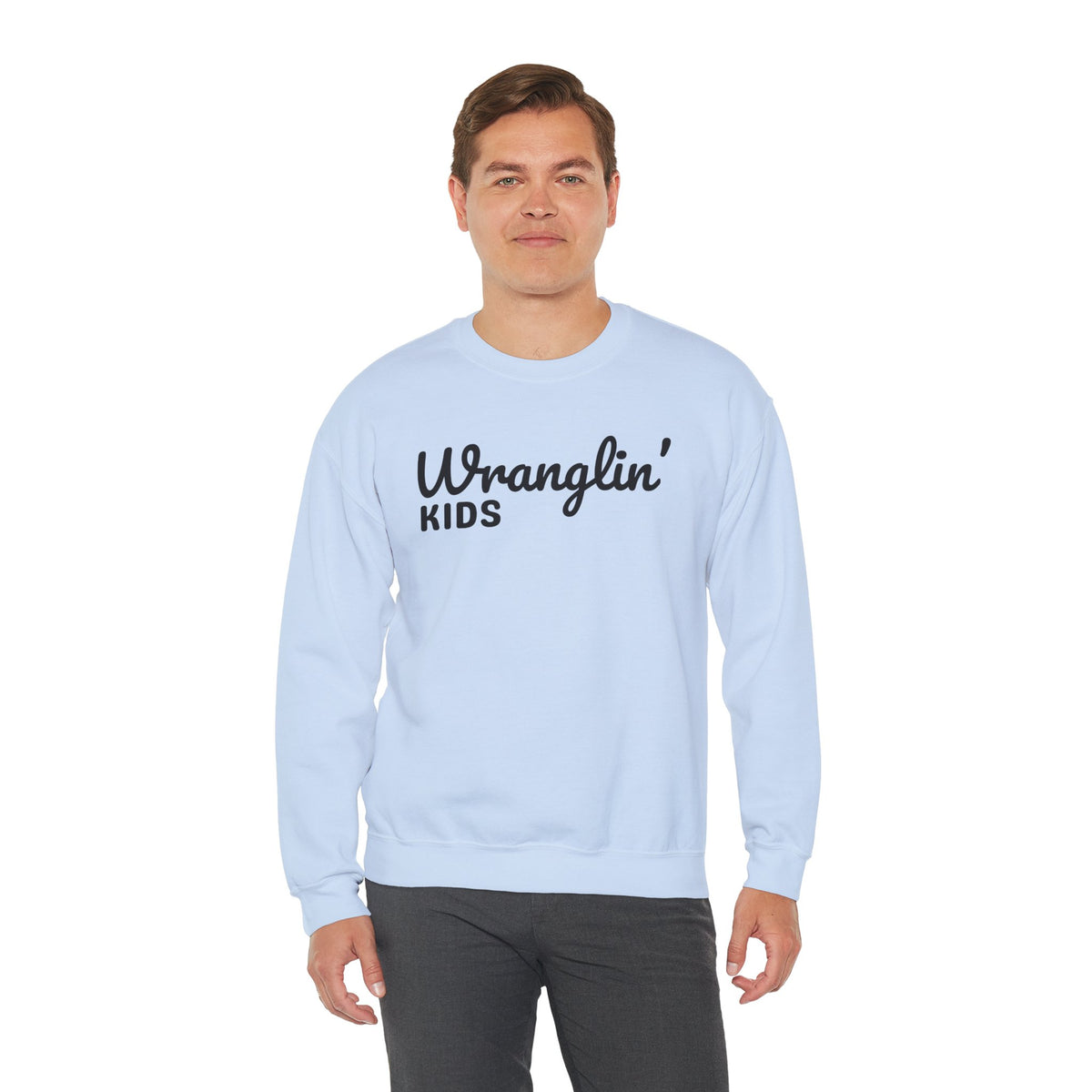 Wranglin' Kids Funny Mom Dad – Gildan Heavy Blend | Trendy Women’s and Men's Soft Sweatshirt. Direct to Garment. Printed & Shipped in the USA. Unisex Sizes.