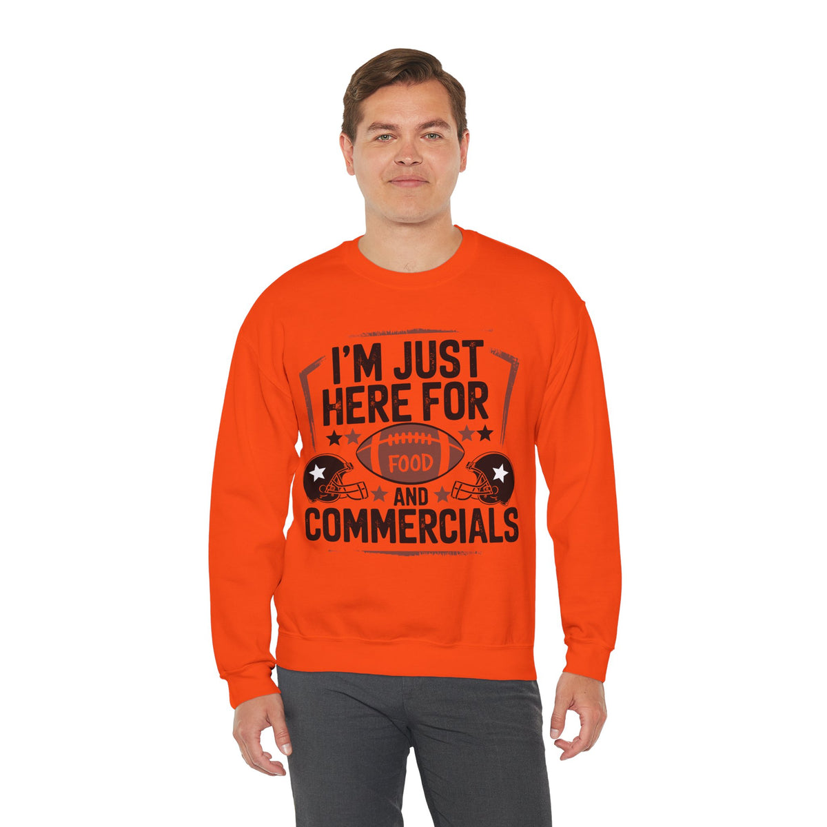 I'm Just Here for Food and Commercials – Gildan Heavy Blend | Trendy Women’s and Men's Soft Sweatshirt. Direct to Garment. Printed & Shipped in the USA. Unisex Sizes.