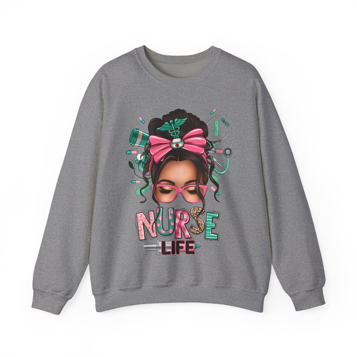 Nurse Life Messy Bun, Cute Stethoscope & Syringe – Gildan Heavy Blend | Trendy Women’s Soft Sweatshirt. Direct to Garment. Printed & Shipped in the USA. Unisex Sizes.