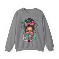 Nurse Life Messy Bun, Cute Stethoscope & Syringe – Gildan Heavy Blend | Trendy Women’s Soft Sweatshirt. Direct to Garment. Printed & Shipped in the USA. Unisex Sizes.