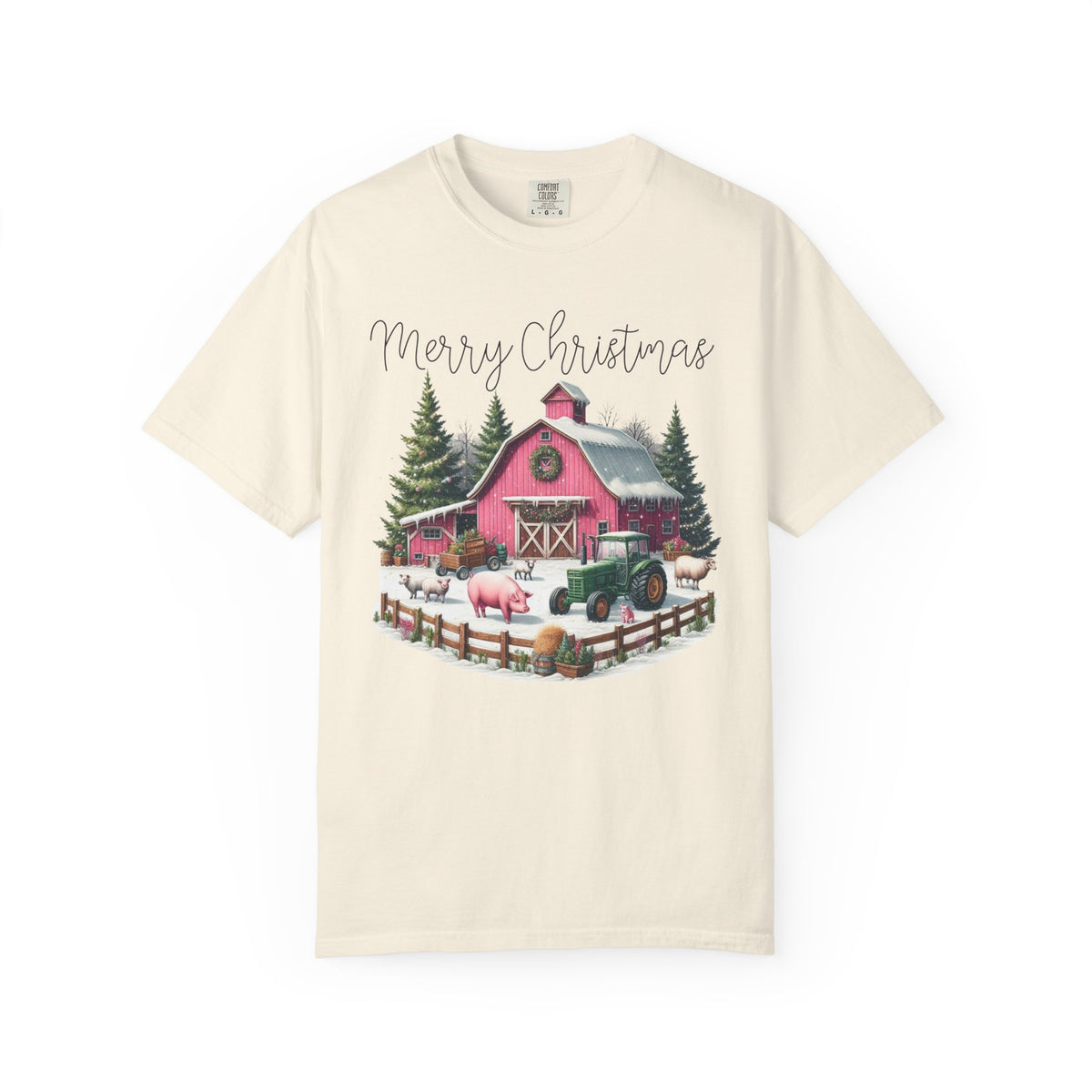 Merry Christmas Pink Barn Farm Animals - Comfort Colors | Trendy Women's T-Shirt. Direct to Garment. Printed & Shipped in the USA. Unisex Sizes.