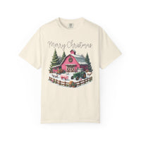 Merry Christmas Pink Barn Farm Animals - Comfort Colors | Trendy Women's T-Shirt. Direct to Garment. Printed & Shipped in the USA. Unisex Sizes.