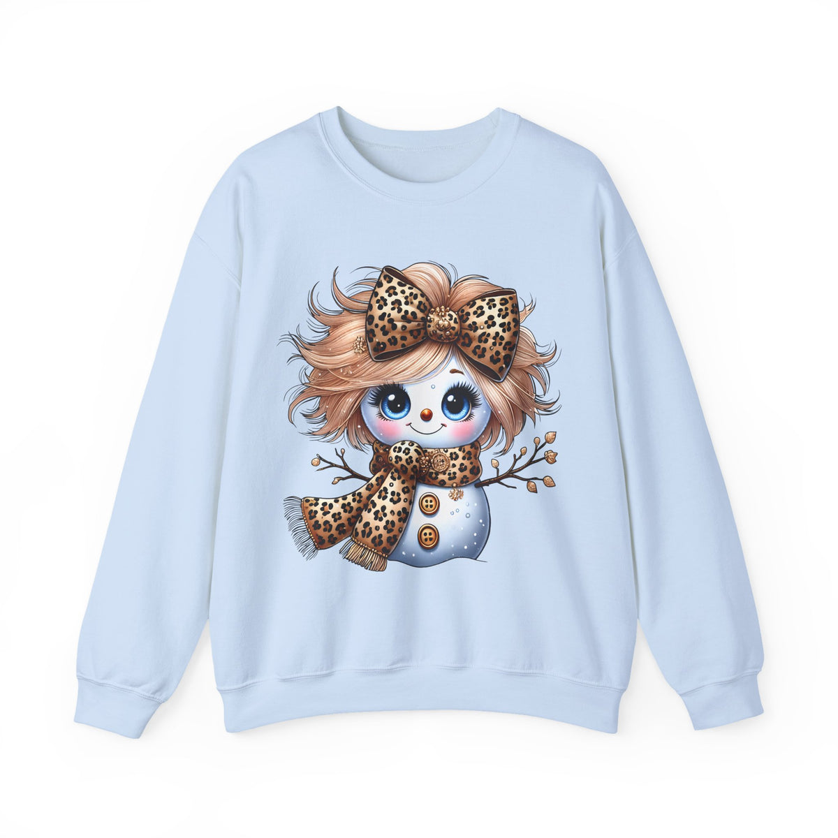 Snowgirl Cute Leopard Bow Snowman, Winter Cozy – Gildan Heavy Blend | Trendy Women’s Soft Sweatshirt. Direct to Garment. Printed & Shipped in the USA. Unisex Sizes.