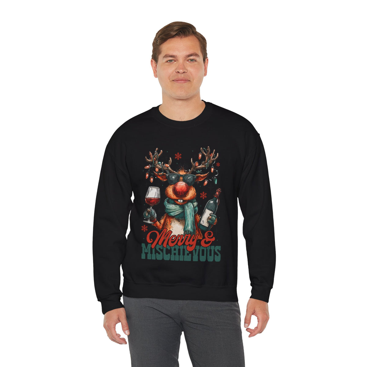 Merry & Mischievous Reindeer – Gildan Heavy Blend | Trendy Women’s and Men's Soft Sweatshirt. Direct to Garment. Printed & Shipped in the USA. Unisex Sizes.