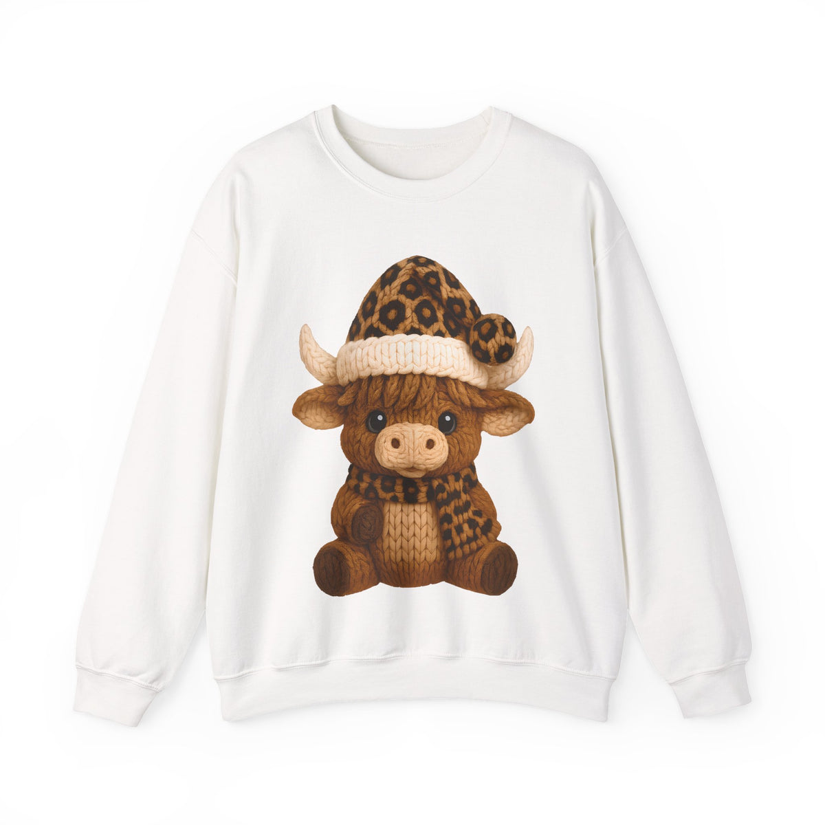 Cute Highland Cow with Leopard Santa Hat Christmas – Gildan Heavy Blend | Trendy Women’s Soft Sweatshirt. Direct to Garment. Printed & Shipped in the USA. Unisex Sizes.