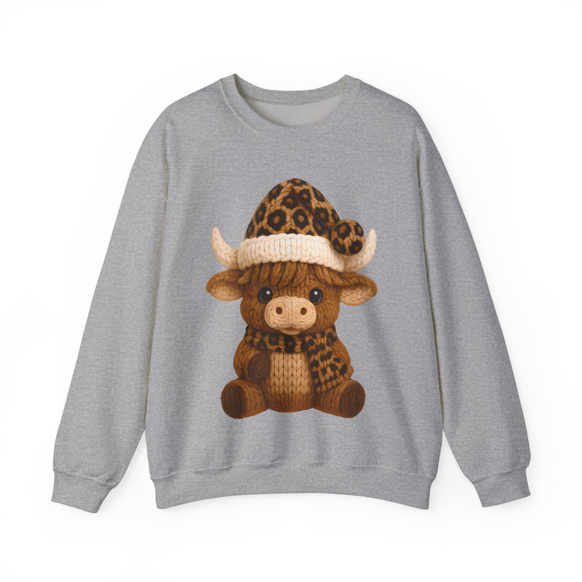 Cute Highland Cow with Leopard Santa Hat Christmas – Gildan Heavy Blend | Trendy Women’s Soft Sweatshirt. Direct to Garment. Printed & Shipped in the USA. Unisex Sizes.