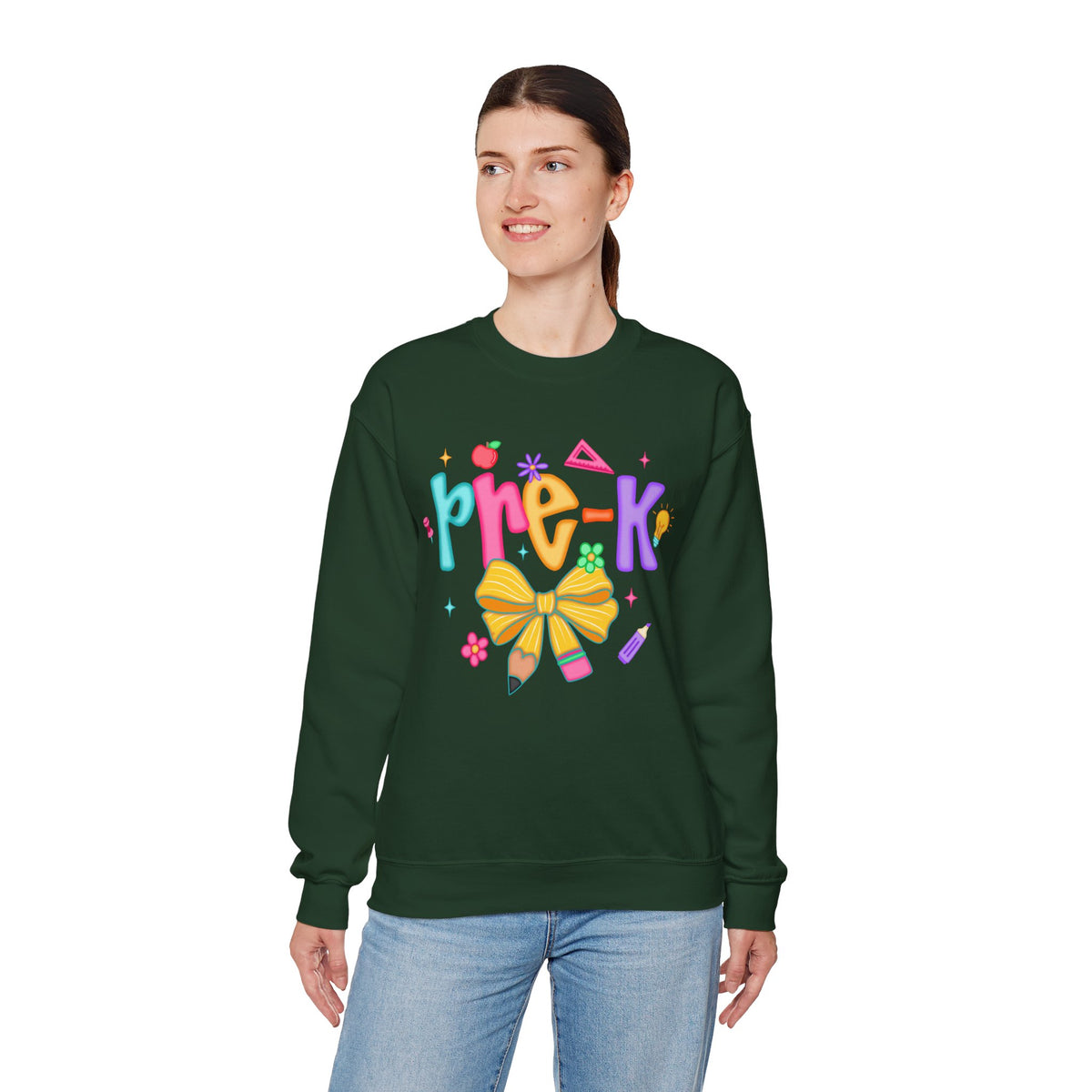 Coquette Pre-K Pencil Bow – Gildan Heavy Blend | Trendy Women’s Soft Sweatshirt. Direct to Garment. Printed & Shipped in the USA. Unisex Sizes.