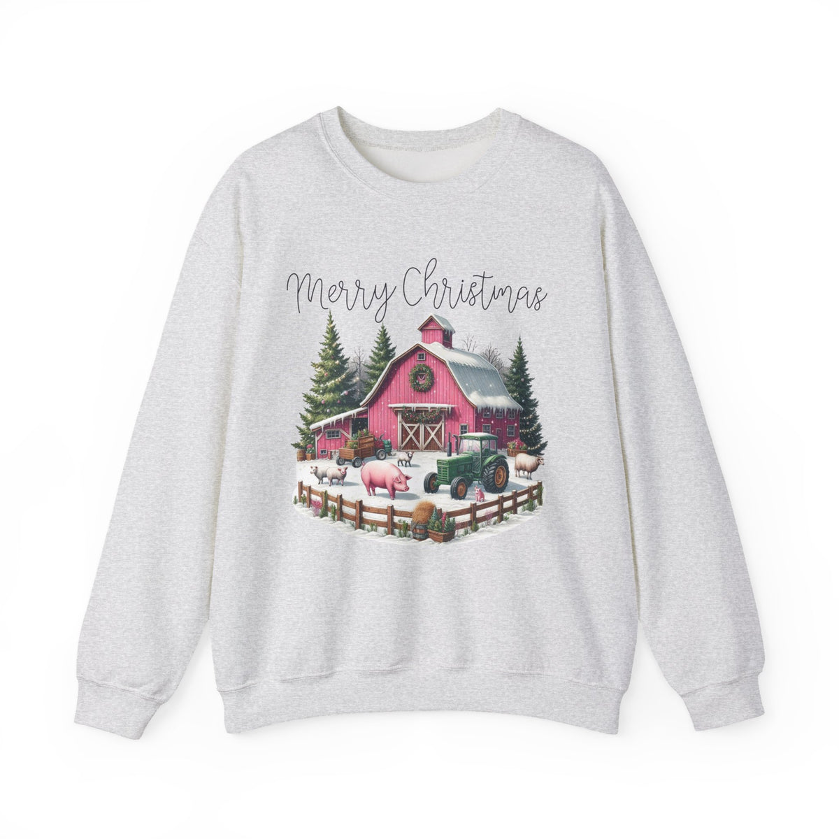 Merry Christmas Pink Barn Farm Animals – Gildan Heavy Blend | Trendy Women’s Soft Sweatshirt. Direct to Garment. Printed & Shipped in the USA. Unisex Sizes.