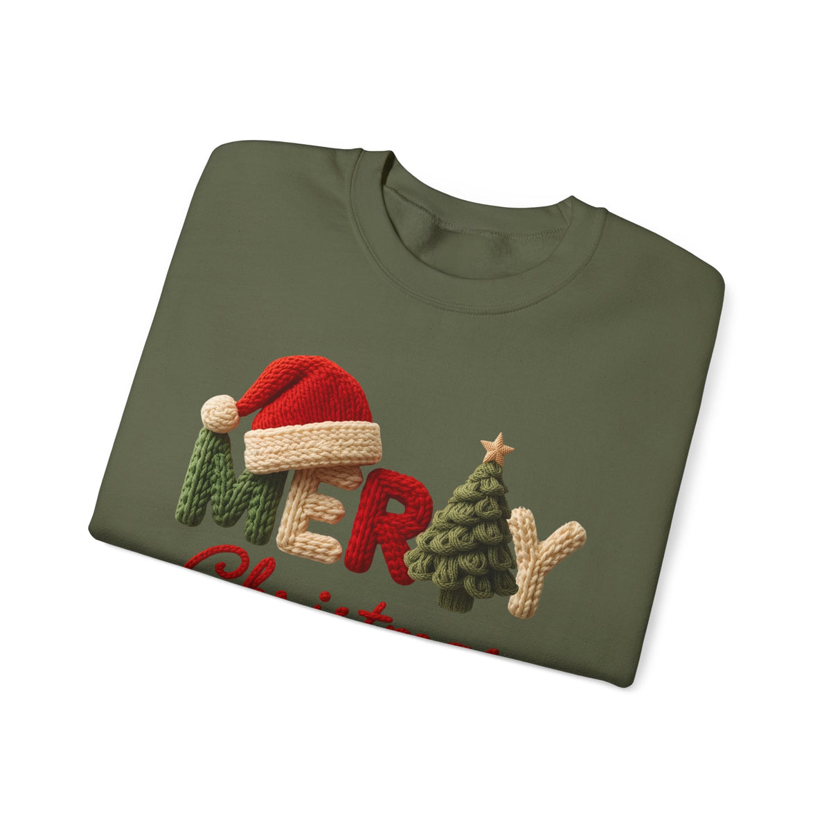 Merry Christmas Faux Yarn w/Santa Hat & Tree – Gildan Heavy Blend | Trendy Women’s Soft Sweatshirt. Direct to Garment. Printed & Shipped in the USA. Unisex Sizes.