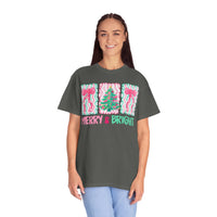 Merry & Bright Christmas — Pink & Green Holiday Tree Design - Comfort Colors | Trendy Women's T-Shirt. Direct to Garment. Printed & Shipped in the USA. Unisex Sizes.