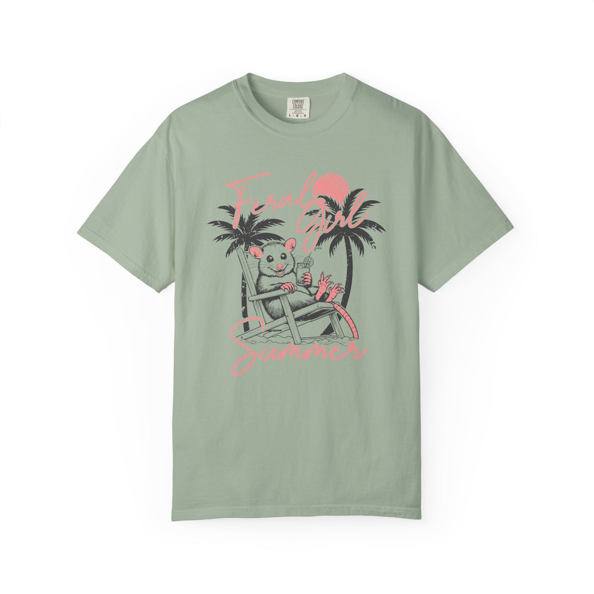 Feral Girl Summer, Possum on a Beach - Comfort Colors | Trendy Women's T-Shirt. Direct to Garment. Printed & Shipped in the USA. Unisex Sizes.
