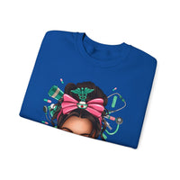 Nurse Life Messy Bun, Cute Stethoscope & Syringe – Gildan Heavy Blend | Trendy Women’s Soft Sweatshirt. Direct to Garment. Printed & Shipped in the USA. Unisex Sizes.