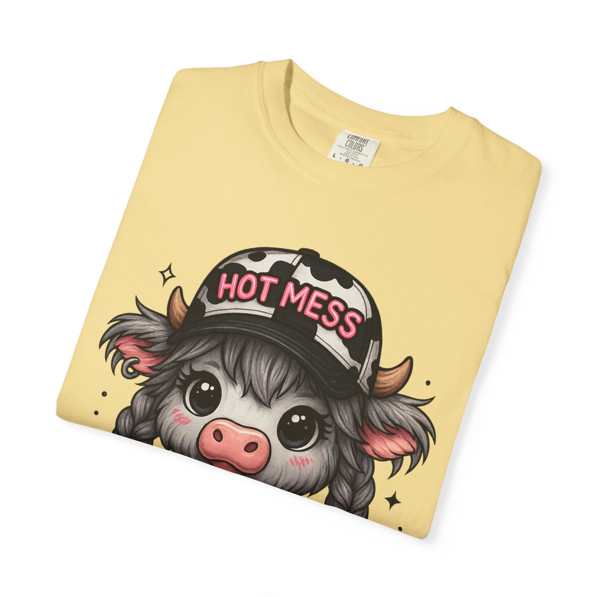 Cute Highland Cow 'Hot Mess' In Braids  - Comfort Colors | Trendy Women's T-Shirt. Direct to Garment. Printed & Shipped in the USA. Unisex Sizes.