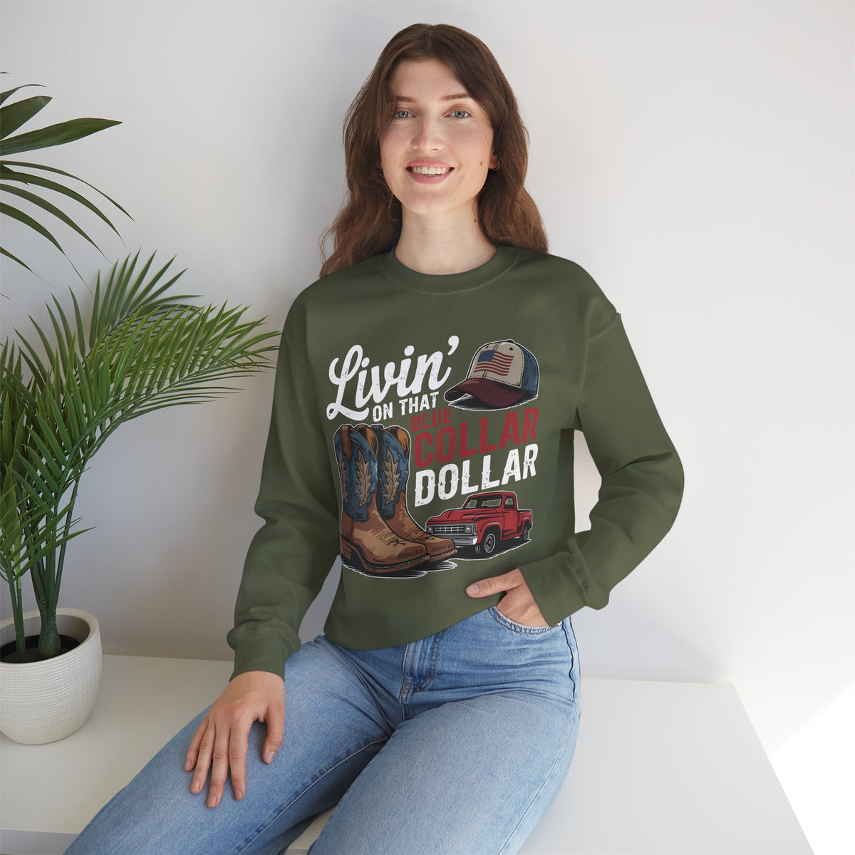 Livin' on That Blue Collar Dollar, Boots and Work Truck – Gildan Heavy Blend | Trendy Men's and Women’s Soft Sweatshirt. Direct to Garment. Printed & Shipped in the USA. Unisex Sizes.