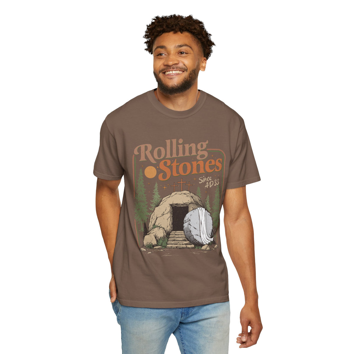 Rolling Stones "Since AD 33" Easter Empty Tomb Christian - Comfort Colors | Trendy Men's and Women's T-Shirt. Direct to Garment. Printed & Shipped in the USA. Unisex Sizes.