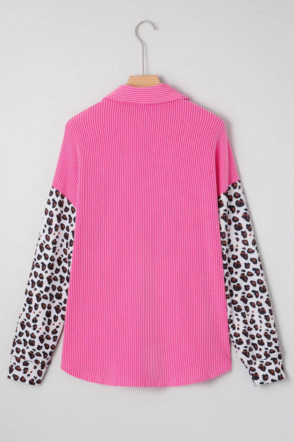 Pink, Leopard-Patched Ribbed Button-Up Long Sleeve Top with Pocket