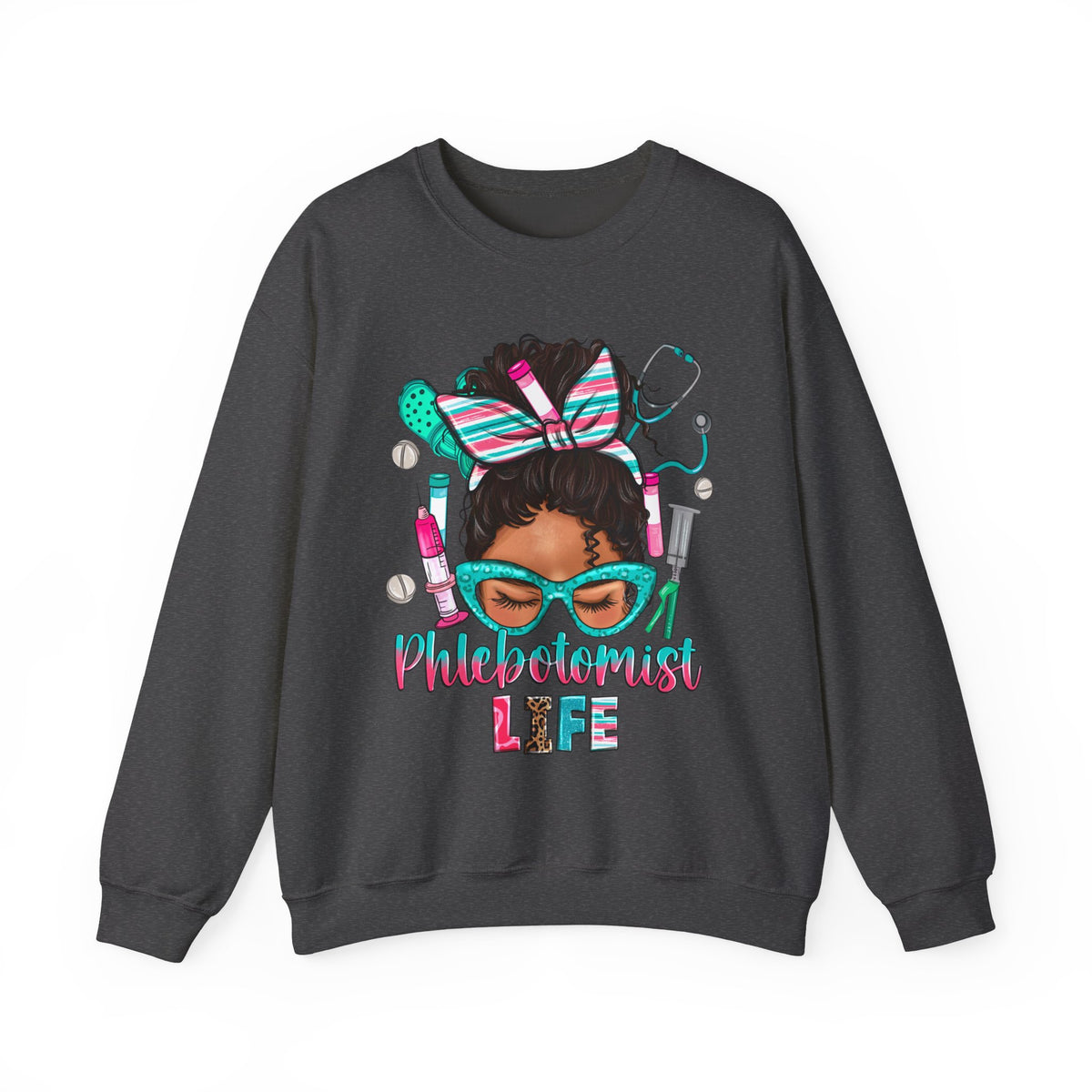 Phlebotomist Life, Messy Bun – Gildan Heavy Blend | Trendy Women’s Soft Sweatshirt. Direct to Garment. Printed & Shipped in the USA. Unisex Sizes.