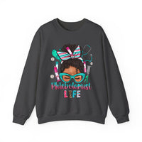 Phlebotomist Life, Messy Bun – Gildan Heavy Blend | Trendy Women’s Soft Sweatshirt. Direct to Garment. Printed & Shipped in the USA. Unisex Sizes.
