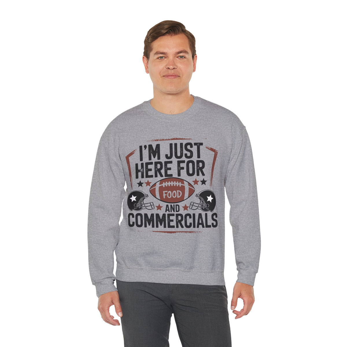 I'm Just Here for Food and Commercials – Gildan Heavy Blend | Trendy Women’s and Men's Soft Sweatshirt. Direct to Garment. Printed & Shipped in the USA. Unisex Sizes.