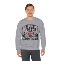 I'm Just Here for Food and Commercials – Gildan Heavy Blend | Trendy Women’s and Men's Soft Sweatshirt. Direct to Garment. Printed & Shipped in the USA. Unisex Sizes.