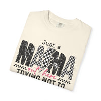 Just a Mama Out Here Trying Not To Raise Assholes - Comfort Colors | Trendy Women's T-Shirt. Direct to Garment. Printed & Shipped in the USA. Unisex Sizes.