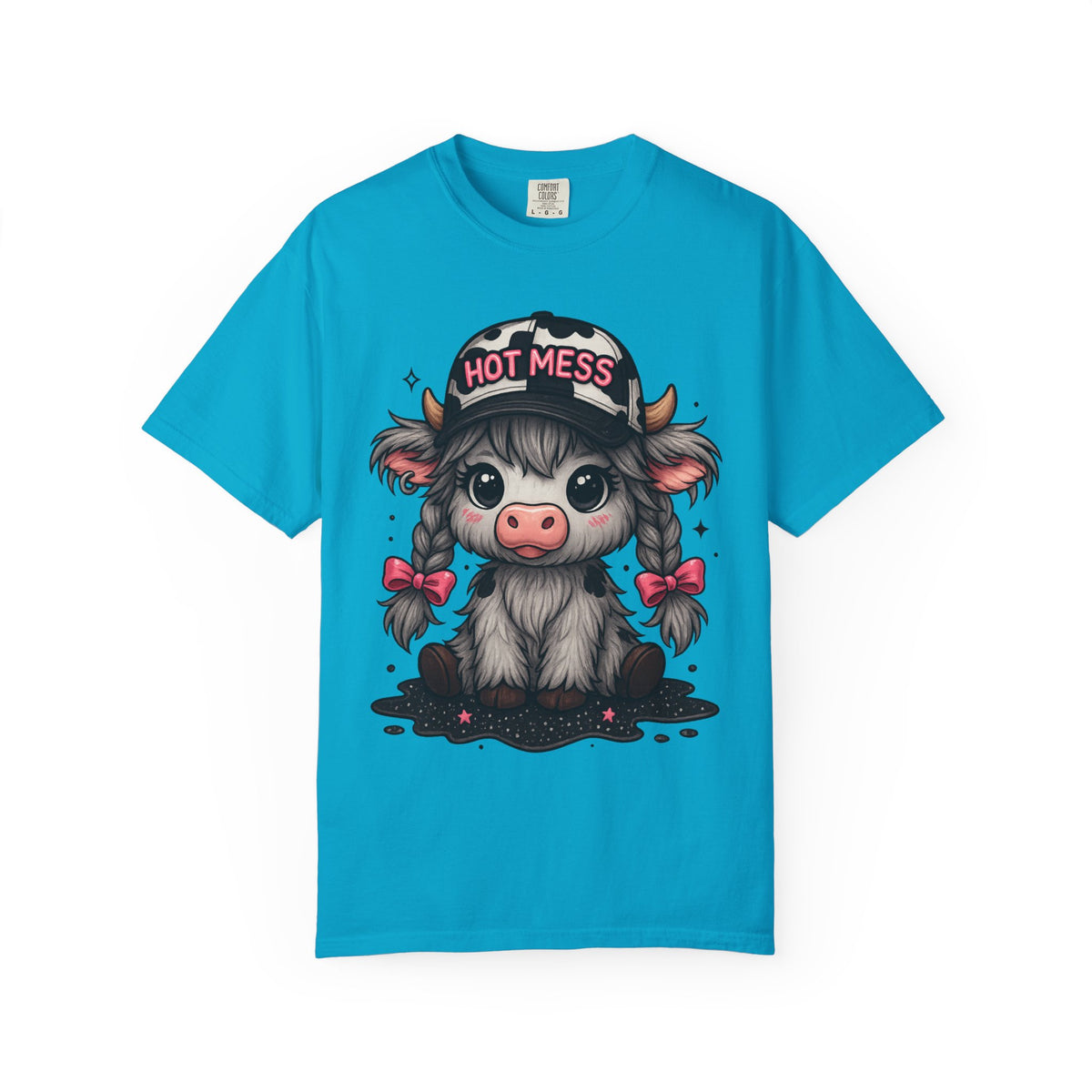 Cute Highland Cow 'Hot Mess' In Braids  - Comfort Colors | Trendy Women's T-Shirt. Direct to Garment. Printed & Shipped in the USA. Unisex Sizes.